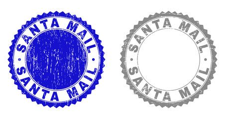 Obraz premium Grunge SANTA MAIL stamp seals isolated on a white background. Rosette seals with grunge texture in blue and gray colors. Vector rubber stamp imitation of SANTA MAIL title inside round rosette.