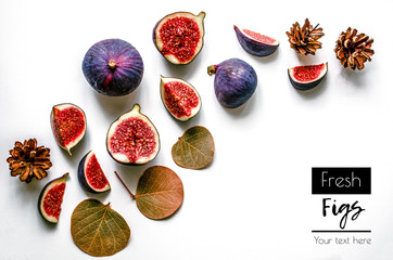 Fresh figs with cones and leaves. Food Photo.Creative diagram of a whole and sliced ​​figs on a white background with space for text. View from above. Copy space