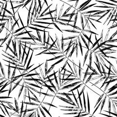 Vector leaves seamless pattern. Abstract grunge texture background. Nature organic illustration. Black and white palm leaves pattern. Trendy background with palm texture.