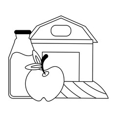 farm house with apple and milk bottle black and white