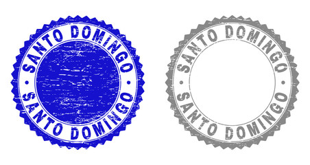 Grunge SANTO DOMINGO stamp seals isolated on a white background. Rosette seals with grunge texture in blue and grey colors. Vector rubber overlay of SANTO DOMINGO title inside round rosette.