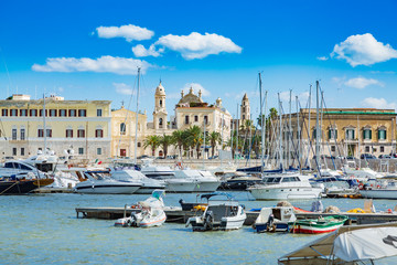 View of a nice fishing harbor and marina in Trani, Puglia region, Italy - obrazy, fototapety, plakaty