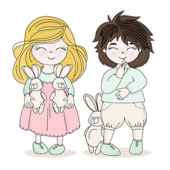 BUNNY KIDS Holy Easter Holiday Cartoon Vector Illustration Set for Print, Fabric and Decoration.
