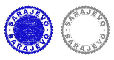 Obraz premium Grunge SARAJEVO stamp seals isolated on a white background. Rosette seals with grunge texture in blue and gray colors. Vector rubber stamp imitation of SARAJEVO tag inside round rosette.