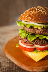 Tasty burger with cheese on wooden table