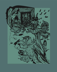 Fototapeta premium Graphic abstract illustration with a window, a doll and butterflies. hand drawn vector illustration of different textures