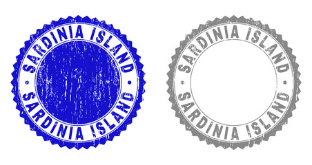 Grunge SARDINIA ISLAND stamp seals isolated on a white background. Rosette seals with grunge texture in blue and grey colors. Vector rubber stamp imitation of SARDINIA ISLAND tag inside round rosette.