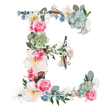 Watercolor style Floral Monogram Letter E with many kind of flowers and succulent. Isolated White Background. 