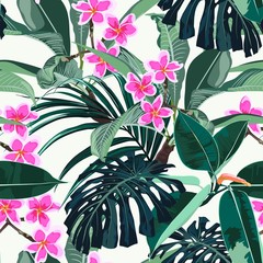 Seamless exotic pattern with tropical monstera palm leaves with bright pink plumeria flowers branch on a light background. 