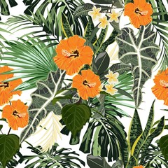 Naklejka premium Floral fashion tropic wallpaper with palm leaves and exotic plants. Orange hand drawn hibiscus flower, on white background. Print hawaii jungle seamless pattern.