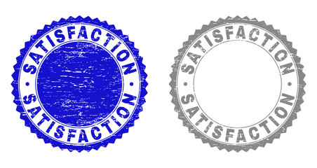 Grunge SATISFACTION stamp seals isolated on a white background. Rosette seals with distress texture in blue and grey colors. Vector rubber stamp imitation of SATISFACTION text inside round rosette.