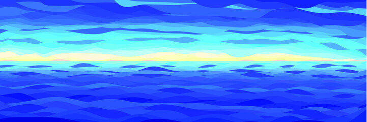 Summer Seascape. Ocean Waves under Blue Cloudy Sky. Poster in a Flat Style.