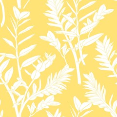 Obraz premium Beautiful exotic Zamioculcas Leaf Silhouette Seamless Pattern Background. Illustration EPS10. Yellow background. 