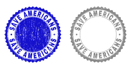 Grunge SAVE AMERICANS stamp seals isolated on a white background. Rosette seals with grunge texture in blue and grey colors. Vector rubber watermark of SAVE AMERICANS title inside round rosette.