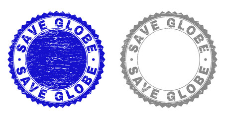 Grunge SAVE GLOBE stamp seals isolated on a white background. Rosette seals with grunge texture in blue and grey colors. Vector rubber watermark of SAVE GLOBE text inside round rosette.