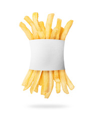 French fries in paper packaging on a white background