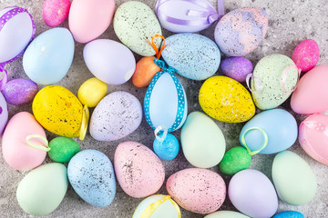 Many decorated Easter eggs as background, top view. Festive tradition