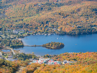 Aerial view of Mont-Tremblant National Park with Lake Tremblant in fall color