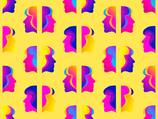 Seamless pattern of female faces with gradient. Zine culture colorful background. Futurism retrowave. Vector illustration
