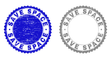 Grunge SAVE SPACE stamp seals isolated on a white background. Rosette seals with grunge texture in blue and gray colors. Vector rubber watermark of SAVE SPACE label inside round rosette.