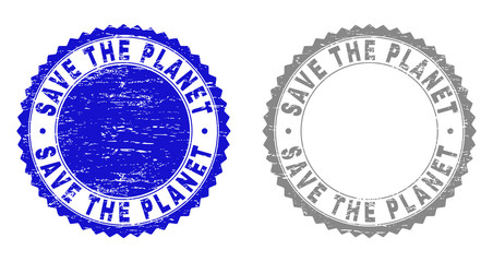 Grunge SAVE THE PLANET stamp seals isolated on a white background. Rosette seals with grunge texture in blue and grey colors. Vector rubber stamp imprint of SAVE THE PLANET label inside round rosette.