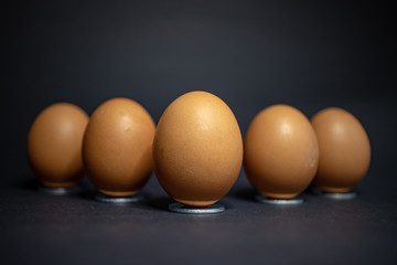 Anordnung von mehreren Eiern für Ostern vor schwarzen Hintergrund.Mit Platz für eigenen Text