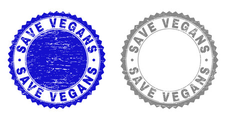 Grunge SAVE VEGANS stamp seals isolated on a white background. Rosette seals with distress texture in blue and grey colors. Vector rubber stamp imprint of SAVE VEGANS tag inside round rosette.