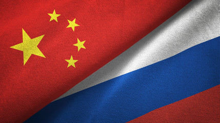 China and Russia two flags textile cloth, fabric texture