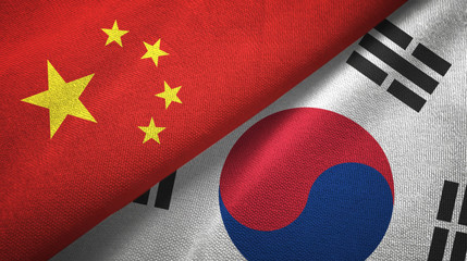 China and South Korea two flags textile cloth, fabric texture
