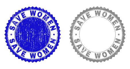Obraz premium Grunge SAVE WOMEN stamp seals isolated on a white background. Rosette seals with grunge texture in blue and gray colors. Vector rubber overlay of SAVE WOMEN tag inside round rosette.