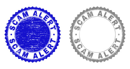 Grunge SCAM ALERT stamp seals isolated on a white background. Rosette seals with grunge texture in blue and grey colors. Vector rubber stamp imprint of SCAM ALERT title inside round rosette.