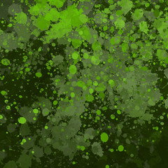 Green paint splatter effect texture on gray paper background. Artistic backdrop. Different paint drops. 