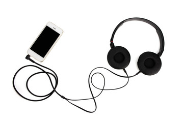 Black studio headphone and Smart phone isolated on white background.