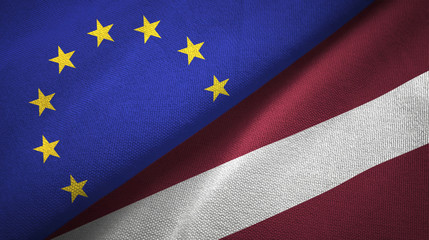 European Union and Latvia two flags textile cloth, fabric texture