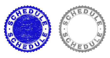 Obraz premium Grunge SCHEDULE stamps isolated on a white background. Rosette seals with grunge texture in blue and gray colors. Vector rubber watermark of SCHEDULE label inside round rosette.