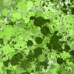 Green paint splatter effect texture on gray paper background. Artistic backdrop. Different paint drops. 