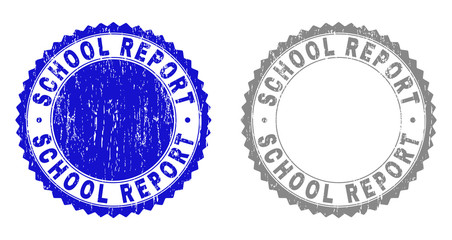 Grunge SCHOOL REPORT stamp seals isolated on a white background. Rosette seals with grunge texture in blue and gray colors. Vector rubber stamp imitation of SCHOOL REPORT label inside round rosette.