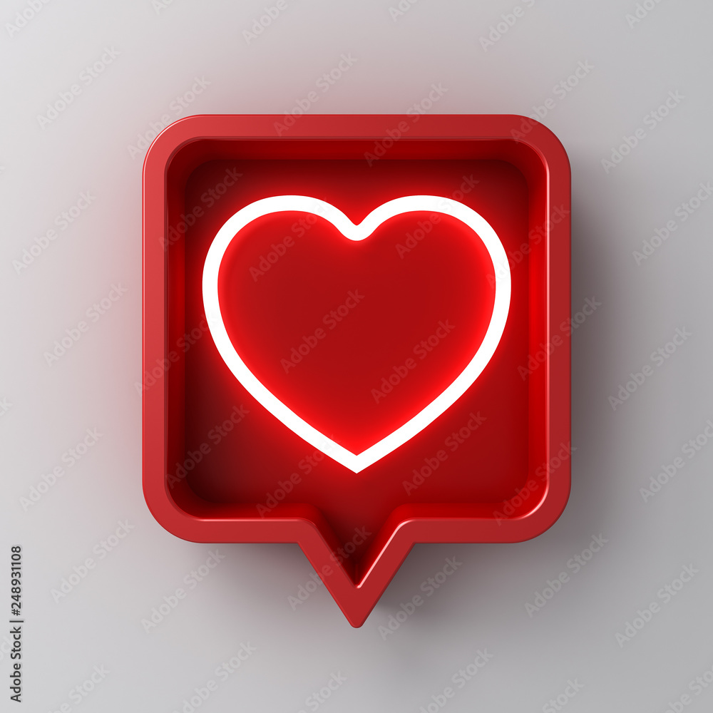 Poster 3d social media notification neon like heart icon in red rounded square pin isolated on white wall background with shadow 3D rendering