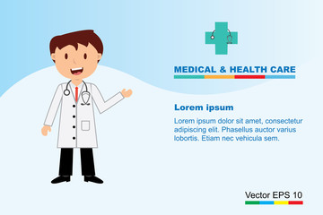 The  professional medical team for health life concept with logo, little doctor boy, girl in gown suit and cartoon act  - vector illustration Eps 10.