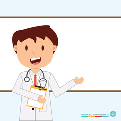 The  professional medical team for health life concept with logo, little doctor boy, girl in gown suit and cartoon act  - vector illustration Eps 10.