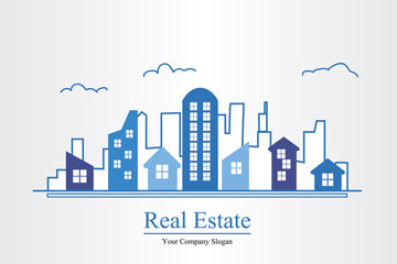 Modern real estate of architectural building design, city scene, logo design template, corporate branding identity.