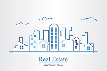 Modern real estate of architectural building design, city scene, logo design template, corporate branding identity.
