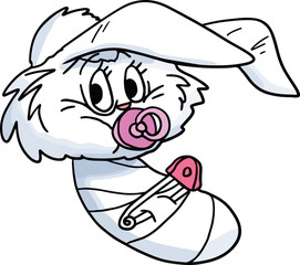 Cartoon baby bunny swaddled in a piece of cloth holding a pacifier in her mouth