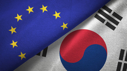 European Union and South Korea two flags textile cloth, fabric texture