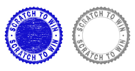 Grunge SCRATCH TO WIN stamp seals isolated on a white background. Rosette seals with grunge texture in blue and gray colors. Vector rubber overlay of SCRATCH TO WIN caption inside round rosette.