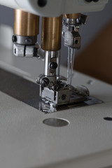 sewing process on sewing professional manufacturing machine with metal needle detailed by white caucasian woman's hands holding lace fabric for lingerie production
