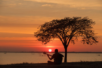 The silhouette of a man playing guitar and trees during the sunset,Musicians and guitar and sunset,Tree silhouette and sunset