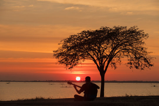 The silhouette of a man playing guitar and trees during the sunset,Musicians and guitar and sunset,Tree silhouette and sunset