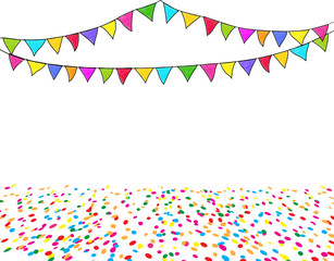 Obraz premium Carnival garland with colorful flags and confetti isolated on white background. Birthday party decoration elements. Vector illustration