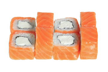 Sushi rolls with salmon and cheese. Isolated on white background.